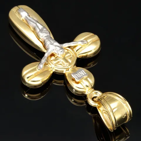 Kruzifix-Kreuz Anhänger - Jesus Christus aus glanzvollem Gold 14k (585) Gelbgold und Weißgold