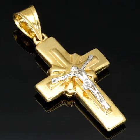 Jesus Christus Kreuzanhänger aus funkelndem Bicolor Gold - (Gelbgold und Weißgold)