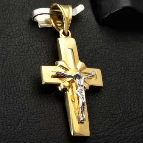 Jesus Christus Kreuzanhänger aus funkelndem Bicolor Gold - (Gelbgold und Weißgold)