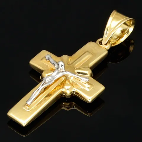 Jesus Christus Kreuzanhänger aus funkelndem Bicolor Gold - (Gelbgold und Weißgold)