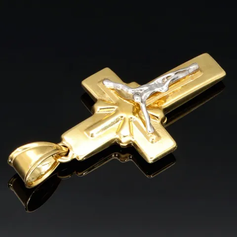 Jesus Christus Kreuzanhänger aus funkelndem Bicolor Gold - (Gelbgold und Weißgold)