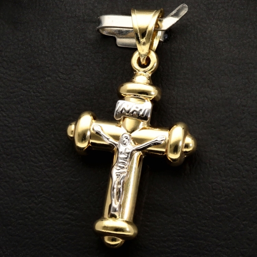 Glänzender Jesus Christus Kreuzanhänger aus 14k / 585er Bicolor Gold (Gelbgold und Weißgold)