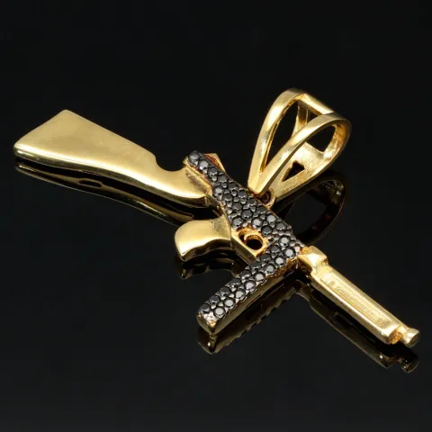 Funkelnde Kalaschnikow - Maschinengewehr aus hochwertigem 585 / 14K Gold besetzt mit schwarzen Zirkonia