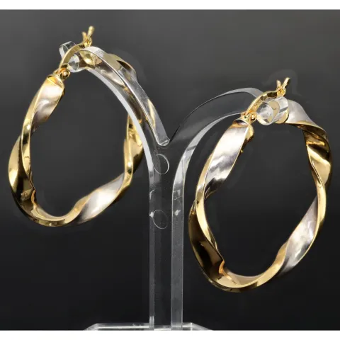 Noble Ohrringe / Creolen in trendigem Twist-Design aus edlem 585 / 14K Bicolor Gold (Gelbgold und Weißgold)