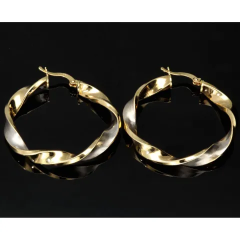 Noble Ohrringe / Creolen in trendigem Twist-Design aus edlem 585 / 14K Bicolor Gold (Gelbgold und Weißgold)