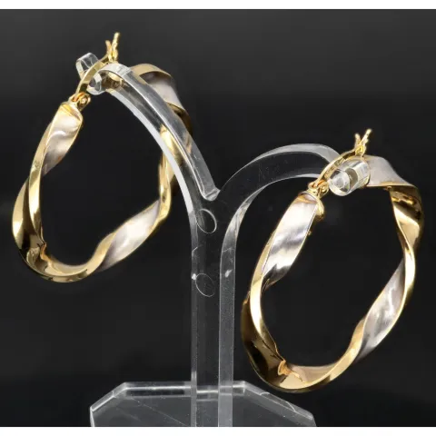 Noble Ohrringe / Creolen in trendigem Twist-Design aus edlem 585 / 14K Bicolor Gold (Gelbgold und Weißgold)