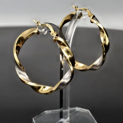 Noble Ohrringe / Creolen in trendigem Twist-Design aus edlem 585 / 14K Bicolor Gold (Gelbgold und Weißgold)