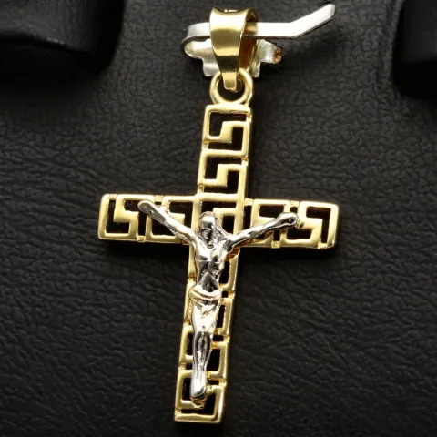 Jesus Christus Kreuz-Anhänger mit Greco Design aus glanzvollem 14k / 585 Bicolor Gold (Gelbgold und Weißgold)