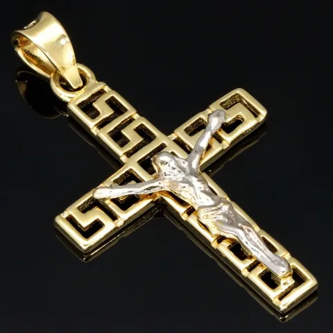 Jesus Christus Kreuz-Anhänger mit Greco Design aus glanzvollem 14k / 585 Bicolor Gold (Gelbgold und Weißgold)