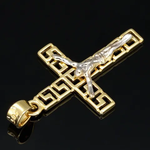 Jesus Christus Kreuz-Anhänger mit Greco Design aus glanzvollem 14k / 585 Bicolor Gold (Gelbgold und Weißgold)