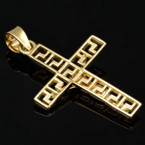 Jesus Christus Kreuz-Anhänger mit Greco Design aus glanzvollem 14k / 585 Bicolor Gold (Gelbgold und Weißgold)