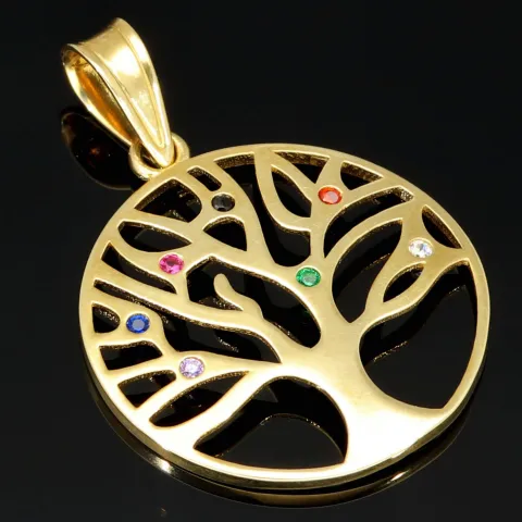 Lebensbaum-Anhänger aus Gold mit bunten, leuchtenden Zirkoniasteinen in (585 / 14 Karat Gelbgold)