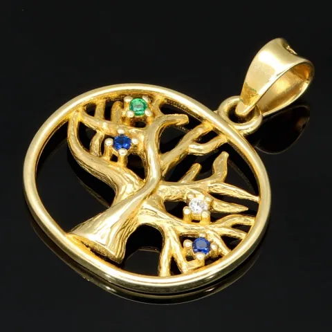 Feiner Lebensbaum-Anhänger mit bunten, leuchtenden Zirkoniasteinen in 585 / 14 Karat Gold