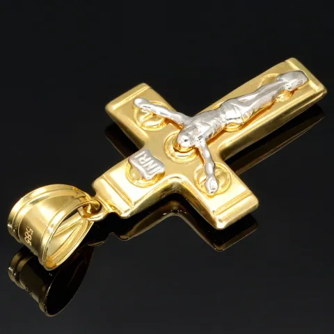 Jesus Kreuz-Anhänger aus glänzendem Bicolor Gold 14k / 585 (Gelbgold und Weißgold)