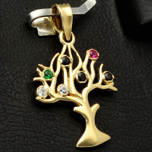 Baum des Lebens - Anhänger mit bunten Zirkoniasteinen aus Gold (14K 585 Gelbgold)