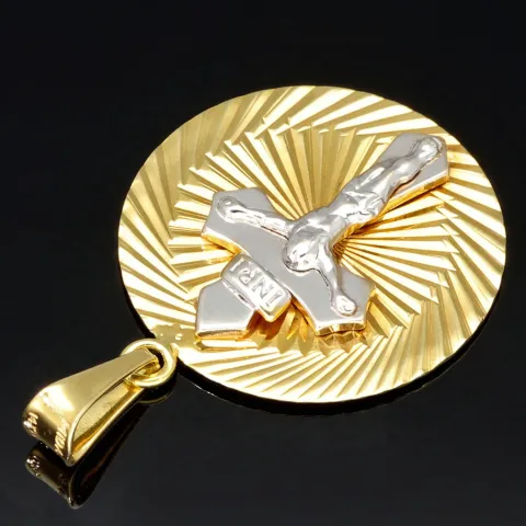 Jesus-Kreuz-Amulett mit filigranem Dekor - Anhänger aus hochwertigem Bicolor 14K 585 Weiß- und Gelbgold