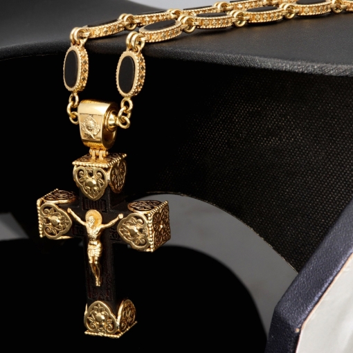 Exklusiver russisch-orthodoxer Jesus Christus Kreuzanhänger mit passender außergewöhnlicher Halskette mit detailreichen Verzierungen und großem Goldanteil (14K / 585 Gold) ca. 70cm