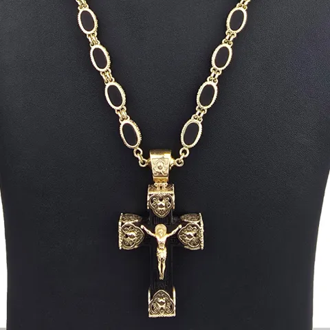 Exklusiver russisch-orthodoxer Jesus Christus Kreuzanhänger mit passender außergewöhnlicher Halskette mit detailreichen Verzierungen und großem Goldanteil (14K / 585 Gold) ca. 70cm