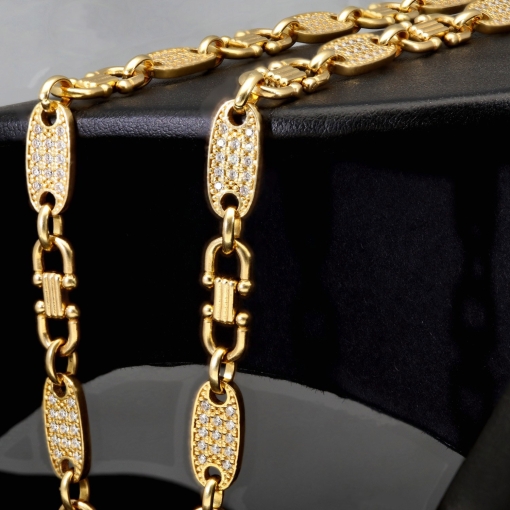 Bling-Bling Plättchenkette (Plattenkette) - Steigbügelkette aus hochwertigem 585 14K Gold mit funkelnden Zirkonia besetzt ca. 6-7 mm breit, 65cm