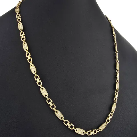Bling-Bling Plättchenkette (Plattenkette) - Steigbügelkette aus hochwertigem 585 14K Gold mit funkelnden Zirkonia besetzt ca. 6-7 mm breit, 65cm