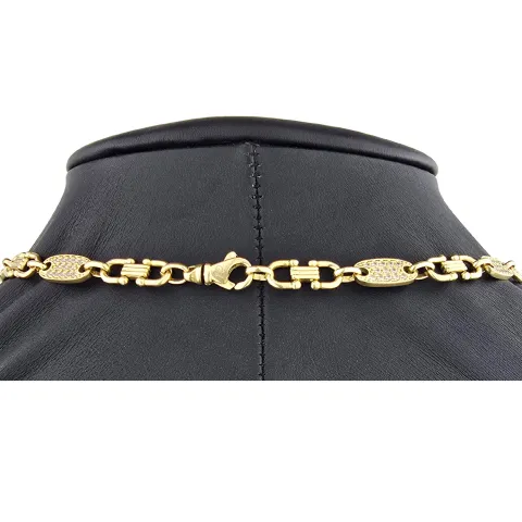 Bling-Bling Plättchenkette (Plattenkette) - Steigbügelkette aus hochwertigem 585 14K Gold mit funkelnden Zirkonia besetzt ca. 6-7 mm breit, 65cm
