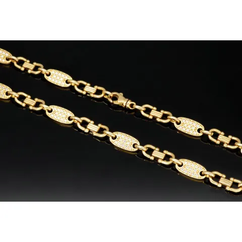 Bling-Bling Plättchenkette (Plattenkette) - Steigbügelkette aus hochwertigem 585 14K Gold mit funkelnden Zirkonia besetzt ca. 6-7 mm breit, 65cm