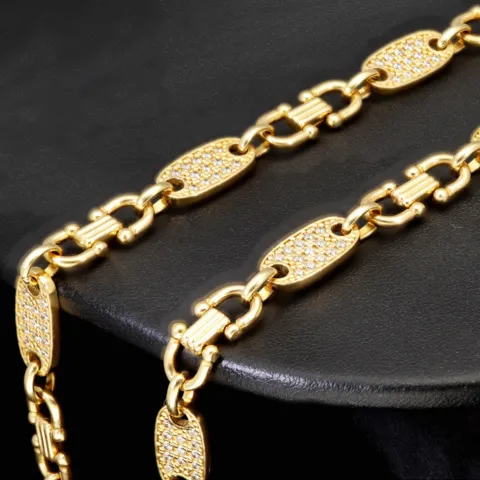 Bling-Bling Plättchenkette (Plattenkette) - Steigbügelkette aus hochwertigem 585 14K Gold mit funkelnden Zirkonia besetzt ca. 6-7 mm breit, 65cm