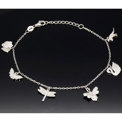 Filigranes Armband für Damen- Bettelarmband aus Sterling 925 Silber mit liebevoll gestalteten Anhängern, veredelt mit 141 glitzernden Zirkoniasteinen (Diamantimitationen) längenverstellbar ca. 18 - 22 cm