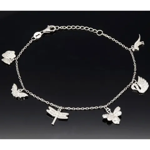 Filigranes Armband für Damen- Bettelarmband aus Sterling 925 Silber mit liebevoll gestalteten Anhängern, veredelt mit 141 glitzernden Zirkoniasteinen (Diamantimitationen) längenverstellbar ca. 18 - 22 cm