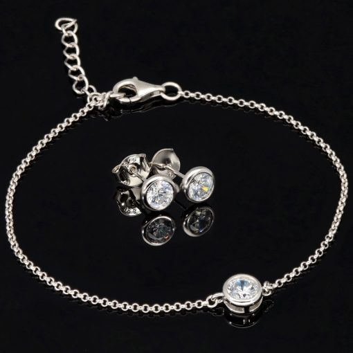 Edles Schmuck-Set aus funkelndem 925er Sterling Silber - Elegantes Armband und funkelnde Ohrstecker mit brillantgeschliffenen Zirkoniasteinen (Diamantimitat)