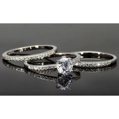 Ring-Schmuck-Set aus hochwertigem 925er Sterling Silber - Ringset 3tlg. mit Zirkoniasteinen (Diamantimitat) = 1,56ct Brillantschliff Silber rhodiniert
