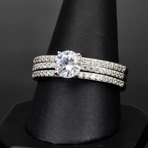 Ring-Schmuck-Set aus hochwertigem 925er Sterling Silber - Ringset 3tlg. mit Zirkoniasteinen (Diamantimitat) = 1,56ct Brillantschliff Silber rhodiniert