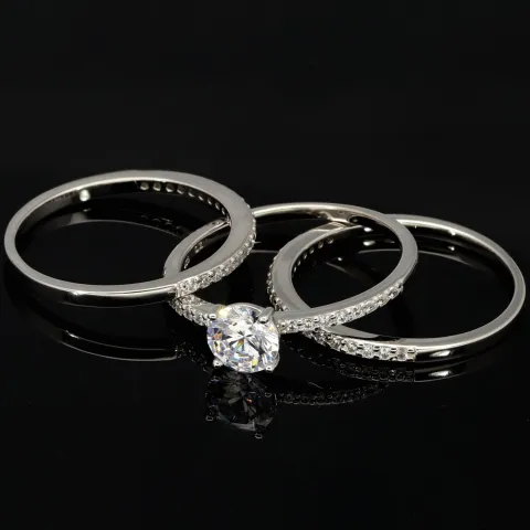 Ring-Schmuck-Set aus hochwertigem 925er Sterling Silber - Ringset 3tlg. mit Zirkoniasteinen (Diamantimitat) = 1,56ct Brillantschliff Silber rhodiniert