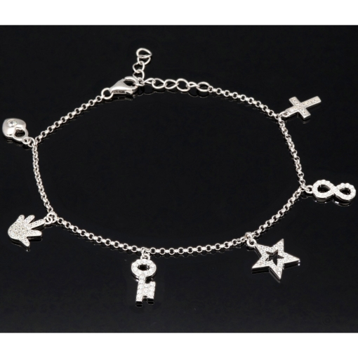 Trendiges Silber-Armband / Bettelarmband aus edlem Sterling 925 Silber mit kreativen Anhängern, verziert mit zahlreichen funkelnden Zirkoniasteinen (Diamantoptik), längenverstellbar ca. 17 – 20 cm