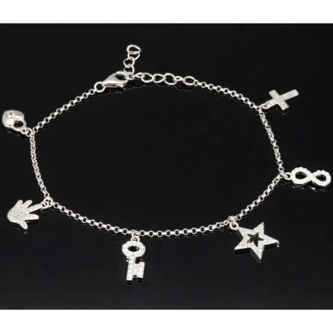 Trendiges Silber-Armband / Bettelarmband aus edlem Sterling 925 Silber mit kreativen Anhängern, verziert mit zahlreichen funkelnden Zirkoniasteinen (Diamantoptik), längenverstellbar ca. 17 – 20 cm
