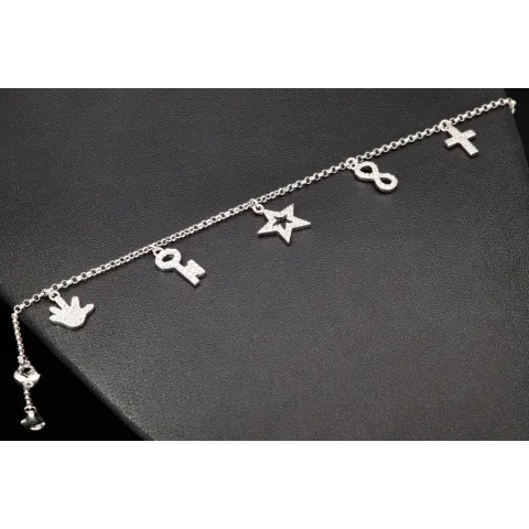 Trendiges Silber-Armband / Bettelarmband aus edlem Sterling 925 Silber mit kreativen Anhängern, verziert mit zahlreichen funkelnden Zirkoniasteinen (Diamantoptik), längenverstellbar ca. 17 – 20 cm