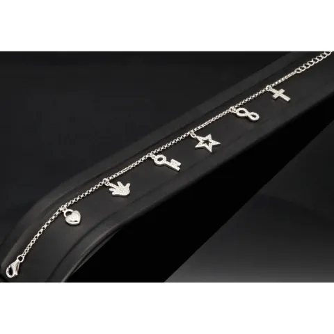 Trendiges Silber-Armband / Bettelarmband aus edlem Sterling 925 Silber mit kreativen Anhängern, verziert mit zahlreichen funkelnden Zirkoniasteinen (Diamantoptik), längenverstellbar ca. 17 – 20 cm
