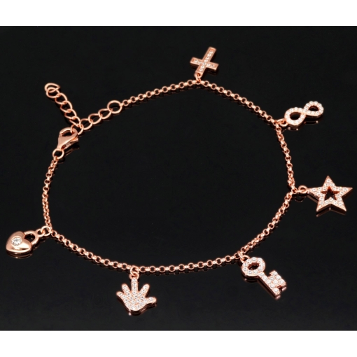 Exquisites Silber-Armband / Bettelarmband aus edlem Sterling 925 Silber rosé vergoldet mit fantasievollen Anhängern, verziert mit zahlreichen funkelnden Zirkoniasteinen (Diamantoptik), längenverstellbar ca. 17 – 20 cm