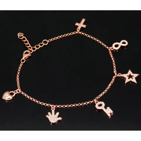 Exquisites Silber-Armband / Bettelarmband aus edlem Sterling 925 Silber rosé vergoldet mit fantasievollen Anhängern, verziert mit zahlreichen funkelnden Zirkoniasteinen (Diamantoptik), längenverstellbar ca. 17 – 20 cm