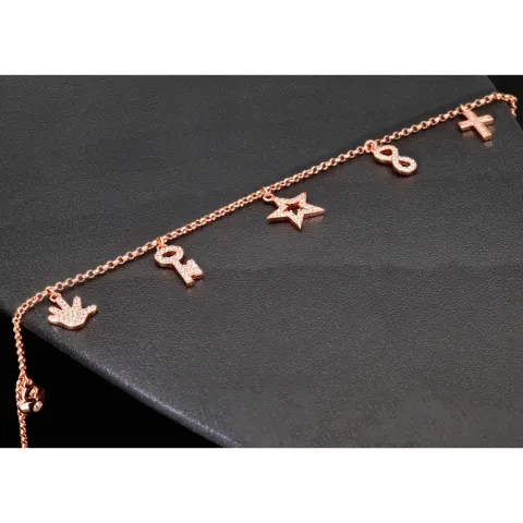 Exquisites Silber-Armband / Bettelarmband aus edlem Sterling 925 Silber rosé vergoldet mit fantasievollen Anhängern, verziert mit zahlreichen funkelnden Zirkoniasteinen (Diamantoptik), längenverstellbar ca. 17 – 20 cm