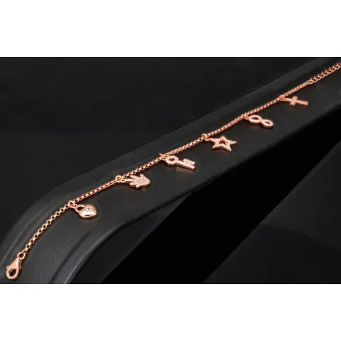 Exquisites Silber-Armband / Bettelarmband aus edlem Sterling 925 Silber rosé vergoldet mit fantasievollen Anhängern, verziert mit zahlreichen funkelnden Zirkoniasteinen (Diamantoptik), längenverstellbar ca. 17 – 20 cm