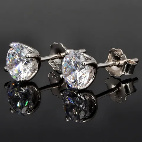 Funkelnde Ohrstecker aus rhodiniertem 925er Sterlingsilber mit Zirkonia (Diamant-Imitation-Steine, Brillantschliff) in Krappen gefasst