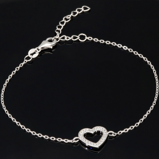 Feines Armband aus 925er Sterling Silber mit Herz-Anhänger und funkelnden Zirkoniasteinen  (Diamantimitaten) - Länge verstellbar in ca. 18, 19, 20, 21, 22 cm