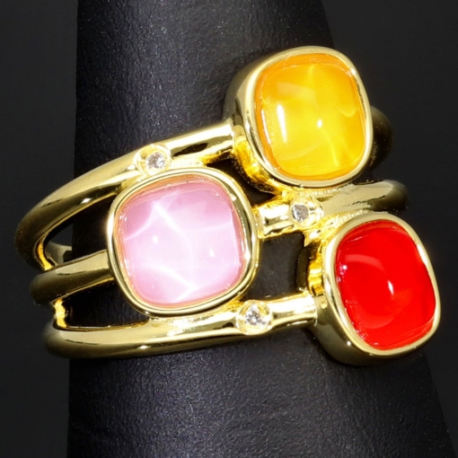 Vergoldeter Ring für Damen  aus edlem Sterling 925er Silber mit 3 großen, leuchtenden Zirkonia-Cabochonen - Ringgröße ca. 54