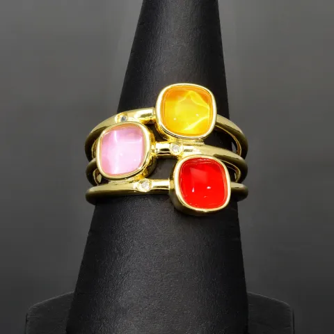 Vergoldeter Ring für Damen aus edlem Sterling 925er Silber mit 3 großen, leuchtenden Zirkonia-Cabochonen - Ringgröße ca. 54