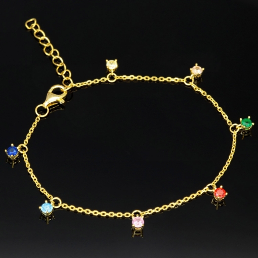 Charm-Armband für Damen aus 925er Silber, vergoldet, dekoriert mit farbenfrohen, bunten, brillantgeschliffenen Zirkonia (Diamantimitaten) in edlen Krappenfassungen - längenverstellbar in ca. 17, 18, 19, 20 cm