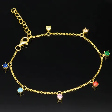 Charm-Armband für Damen aus 925er Silber, vergoldet, dekoriert mit farbenfrohen, bunten, brillantgeschliffenen Zirkonia (Diamantimitaten) in edlen Krappenfassungen - längenverstellbar in ca. 17, 18, 19, 20 cm