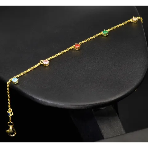 Charm-Armband für Damen aus 925er Silber, vergoldet, dekoriert mit farbenfrohen, bunten, brillantgeschliffenen Zirkonia (Diamantimitaten) in edlen Krappenfassungen - längenverstellbar in ca. 17, 18, 19, 20 cm