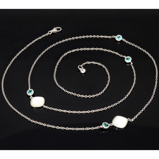 Außergewöhnliche Halskette aus rhodiniertem 925er Silber mit Zirkonia, paraibafarbenem Topas-Imitat & 2 Perlmutt-Steinen