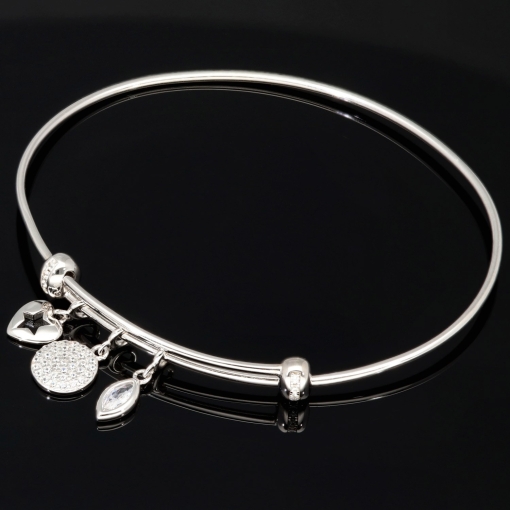 Armreif aus Sterling 925 Silber mit funkelnden Charms, besetzt mit vielen leuchtenden Zirkoniasteinen (Diamantimitationen) längenverstellbar ca. 18 - 21 cm